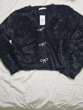 Lush Black Faux-Fur Bow-Button Cardigan